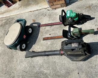 Electric Hedge Trimmers, Blower, and Gardening Cart