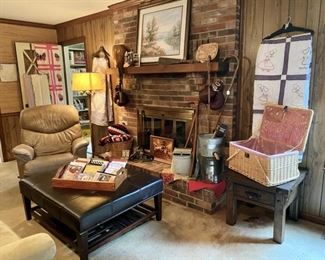 Large Brown Ottoman, Leather Recliner, and large Picnic Basket