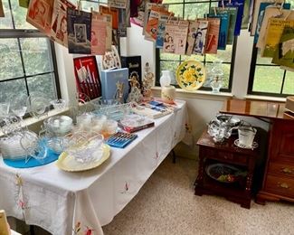 Glass Tea Plates, Vintage Jim Beam decanters, Carving Knife Sets, and add'l serving pieces