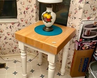 Butcher Block and vintage hurricane lamp