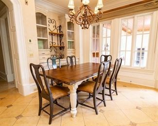 Lot #42 — Six (6) Wood & Leather Theodore Alexander Chairs — 22" Wide x 40.5" Tall in Back.  
* ———
Lot #43 — Dining  Table  — 84.5 Long” x 44” Wide. 6 .5" 