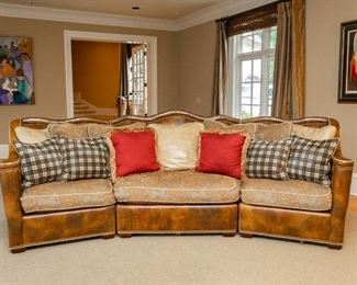 Lot #71 —&nbsp;Whittemore-Sherrill Limited Walnut 3-Piece Sofa from Furnitureland South — 39.5” from wall x Back is 43” high x 138” wide in rear x 109” wide in front x Armrest is 30” tall
