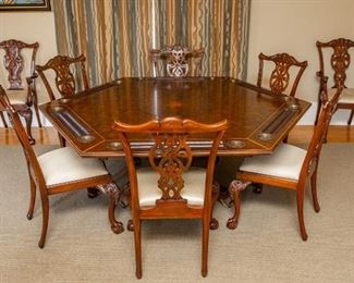 Lot #77 — Pedestal Game Table — 72” x 72” x 30” Tall +

* ———

 Lot # 8 Carved Chippendale Dining Chairs by Maitland-Smith Including 2 Captains Chairs 