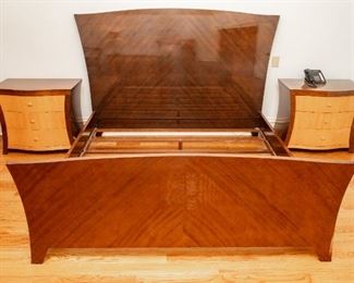 Lot #102 — Art Deco Bedroom Set Imported from Spain — King Size Bed Headboard is 89.5" Wide x 60" — Footboard 83.5" Wide x 33" Tall — Pair of Two (2) Night Stand Chests — 34" Wide x 20 Deep x 30" Tall. 