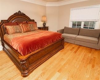 Same as Lot #110 — Pulaski Furniture — King Size Bed — 89" Wide x  90" Long —Pair of  (2) Night Stand Chests with Three (3) Drawers — 39.5" Wide x 20.5" Deep x  36.5" Tall —Signature Bedding Collection by Michael Amini.