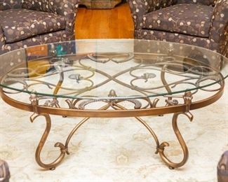 Lot #120 —  Oval and Glass Coffee Table — 33” x 51” x 19” Tall
