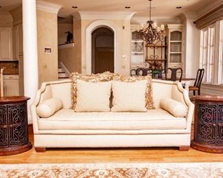 Lot #12 — Huntington House Sofa 93” wide x 40” deep x 41.5” tall 
* ———
Lot #13 Pair of (2) D’Hierro Oval Door Cabinets. Measures  24” wide x 19” deep x 30” tall
