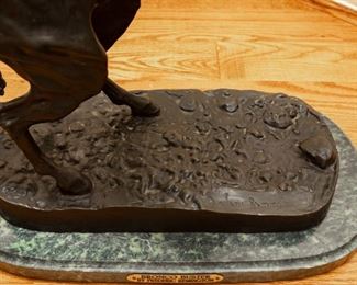 Same as Lot #5 — Bronco Buster by Frederick Remington — Base is 17.5" Wide x Base is 10" Deep. Top of Cowboy Hat is 23" Tall. Rope is a Bit Taller.