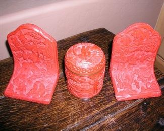 Item 34:
Antique Cinnabar Bookends from Old China
Asking Price: $45.00

Item 35:
Antique Cinnabar Round Box with Lid - Blue enameled inside and on bottom - Old China
Asking Price: $85.00
