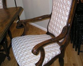 Item 39:
Eight (8) Antique Upholstered Dining Chairs - Nice Fabric - Tack Trim - 2 Captain's Chairs - Very Sturdy - Excellent Condition
Asking Price:  $395.00
