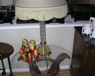 Item 42:
Designer Quality Palm Tree Cocktail Table - Wood Base - Glass Top - 30" diameter top - 18.5" tall
Asking Price: $165.00
Item 43:
Vintage / Antique Crystal Lamp - So Beautiful - 35" tall - The fringed lamp shade has some damage (deterioration from age) but it is still amazing.
Asking Price: $195.00
