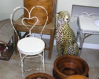 Item 101:
A) Child's Metal "Heart" Chair - 27.5" tall - Asking Price $38.00
B) Ceramic Decorator Cheetah - 25.5" tall - Asking Price $69.00
C) Variety of Wooden Wagon Wheel Parts - Priced from $25 to $40 each
