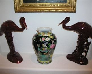 Item 123:
A) Pair of Vintage Ceramic Cranes - Deep Red Color - Approx. 17.5" tall - Asking Price $69.00
B) Vintage Chinese Vase - 12.5" tall - Asking Price $69.00
