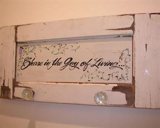 Item 125:
Decorator Coat Hanger "Share in the Joy of Living" - 30" x 14" - Old Door Panel with Glass Door Knobs
Asking Price $48.00

