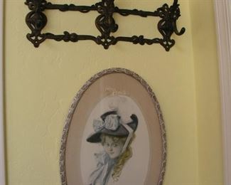 Item 127:
A) Vintage Oval Framed Print "Those Bewitching Eyes" with Ribbon at top - 10.5" x 16.5" - Asking Price $25.00
B) Vintage Metal Rack - 3-Hook - Asking Price $28.00
