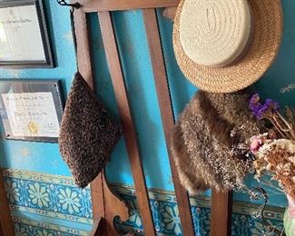 Antique hall tree and vintage hats