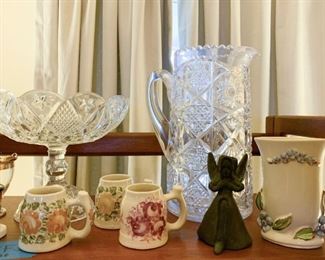 Cut Glass Pedestal Dish & Pitcher, Angel Figurines, Pottery Vase & Miniature Mugs