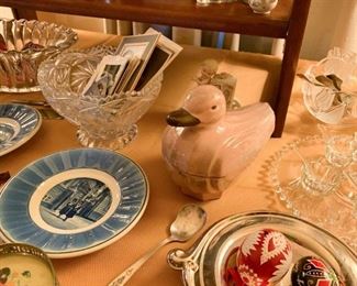 Vintage Pottery Duck Container, Blue & White Decorative Plates, Glassware, Silverplate, Etc.