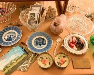 Vintage Pottery Duck Container, Blue & White Decorative Plates, Vintage Coasters, Glassware, Silverplate, Postcards, Vintage Photos, Etc.