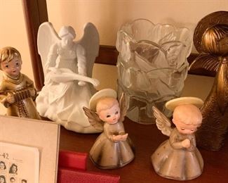 White Pottery Angel Lamp, Glass Bowls, Vintage Christmas Decor