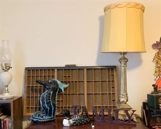 Printer's Tray, Table Lamp, Pottery Seahorse Sculpture, Duck Decoy