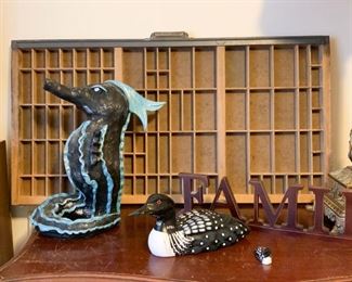 Printer's Tray, Pottery Seahorse Sculpture, Duck Decoy