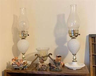 White Hobnail Milk Glass Table Lamps, Boyd's Bears Figurines 