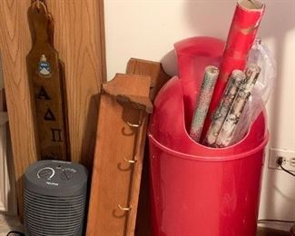 Fraternity Paddles, Wooden Wall Shelf with Hooks, Wrapping Paper, Etc. 