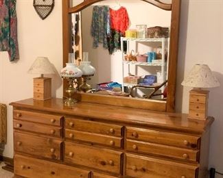Pine Wood Lowboy Chest of Drawers with Mirror
