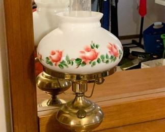 Brass and Hand Painted Hurricane Glass Table Lamp