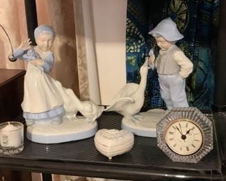 Porcelain Figurines, Desk Clock, Trinket Box
