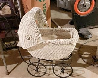 Vintage White Wicker Doll Baby Carriage / Stroller