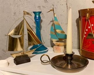 Glass Candlestick, Brass Candle Holder, Sailboat Figurines