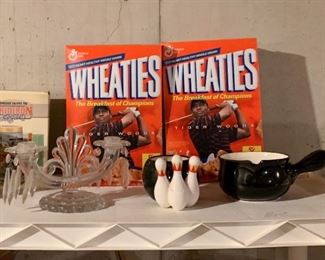 Tiger Woods Wheaties Box, Glass Candle Holder, Bowling Pins Planter, Soup / Chili Bowl