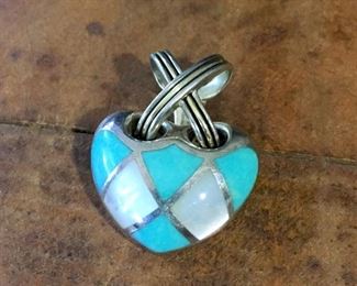 Eric Grossbardt vintage sterling silver, 18K gold, mother of pearl and turquoise enhancer pendant. Size 7/8" w x 1". Signed Eric Grossbardt in a circular pattern with EG inside the circle, stamped 925, 18K. $96