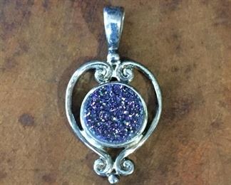 Vintage Sajen sterling silver and druzy pendant, size 5/8" wide by 1 1/4" tall. Signed Sajen. (Color note: druzy is more of a pinkish purple in reality.) $40