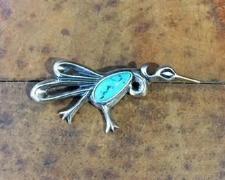 Vintage Carolyn Pollack Relios roadrunner brooch in sterling silver and turquoise. Size 2" w x 7/8" h. Signed with crescent moon/R mark and 925 with copyright symbol. $68