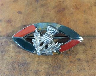 Vintage silver thistle inlay brooch, size 1 1/2" w x 11/16" h. Old C clasp works well. $88