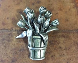 Vintage sterling flower pot brooch.  1 5/8" h. Signed H & H, stamped sterling. $90