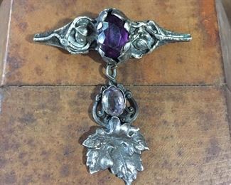 Fabulous vintage Italianate silver dangle brooch with faceted gemstones.  Size 2 3/8" w by 2 5/8" tall. Old-style hook clasp works perfectly. $160                                                                                                                                                                                                                                                                                                                    