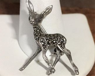 Vintage adorable sterling silver and marcasite deer brooch , size 7/8" wide by 1 3/8" high. Stamped 835. Rolling c-clasp works perfectly. $58