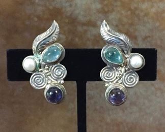 Vintage Sajen sterling silver, pearl and amethyst clip earrings. 1 1/2" tall by 5/8" wide. Signed Sajen, stamped 925. $120