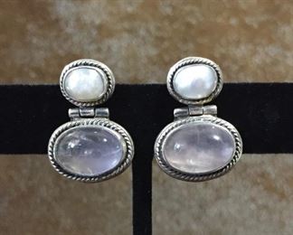 Vintage sterling silver, pearl and rose quartz hinged pierced earrings, size 11/16" wide x 1" high. Stamped 925. $70