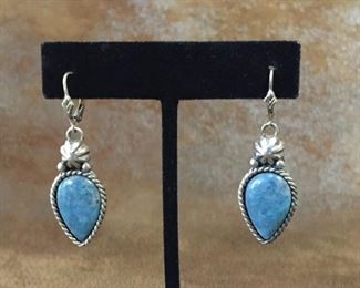 Vintage sterling silver and denim lapis pierced earrings, 1 1/4" high" (from top of ear wire to bottom of dangle). Signed CG with copyright symbol, stamped STER. $68