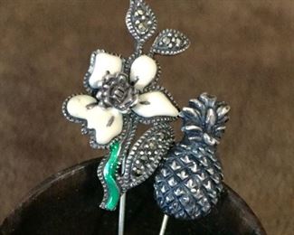 LEFT: Vintage Judith Jack sterling silver, enamel and marcasite stick pin.  5/8" wide by 2 7/8" high. Signed with JJ mark, stamped STERLING. $48   RIGHT: Vintage sterling silver pineapple stick pin, size 3/8" wide by 2 3/8" high.  Stamped STERLING. $30                                                    