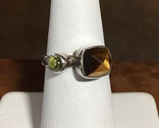 Lori Bonn tiger's eye and peridot sterling silver ring size 6. Tiger's eye and peridot cabochons.  Signed LORI BONN, stamped 925  ID.  $90