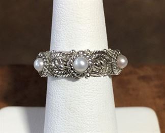 Judith Ripka pearl and sterling silver ring size 5. Face of ring is 7/8" wide x 1/4" high. Signed JUDITH RIPKA, stamped 925 THAILAND. $88