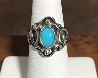 Carolyn Pollack turquoise ring size 6. Face of ring is 5/8" wide by 11/16" high. Signed CP and has quarter moon/R mark, stamped 925. $60