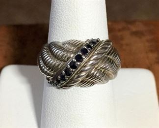 Judith Ripka blue sapphire and sterling cable ring size 8.  Signed JUDITH RIPKA, stamped 925 THAILAND. $140
