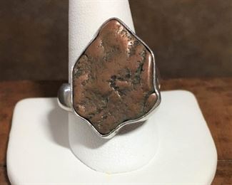 Charles Albert copper nugget ring size 9 1/4 (adjustable). Face of ring is 3/4" wide by 1" high. Signed CHARLES ALBERT, stamped Fine Sterling Silver. $88